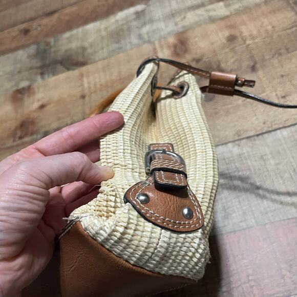 Y2K Fossil Brown Woven Straw Wooden Round Handles Satchel Purse Bag - Picture 4 of 8